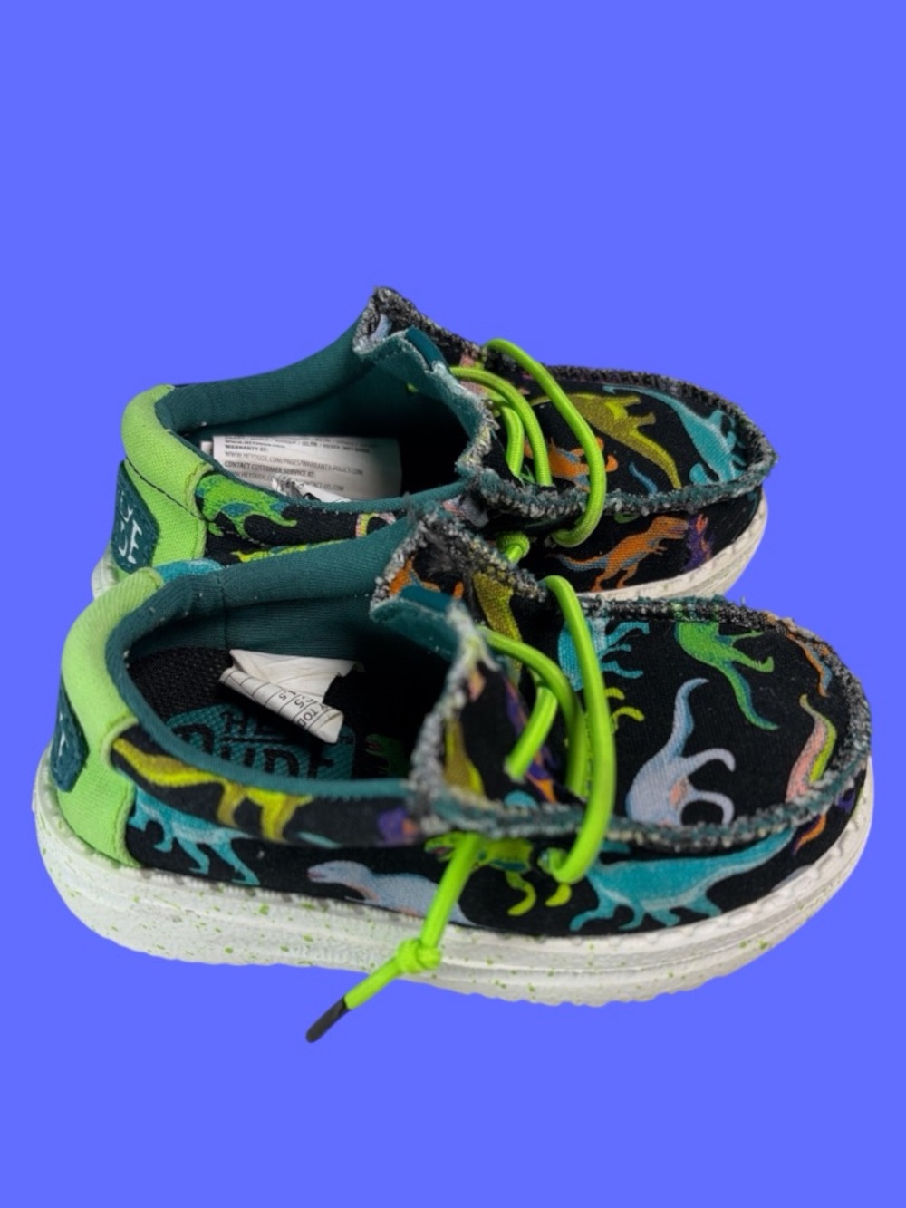 HEY DUDE Wally Youth Dino Slip-On Shoe  Kids Size 5C Black/Lime
